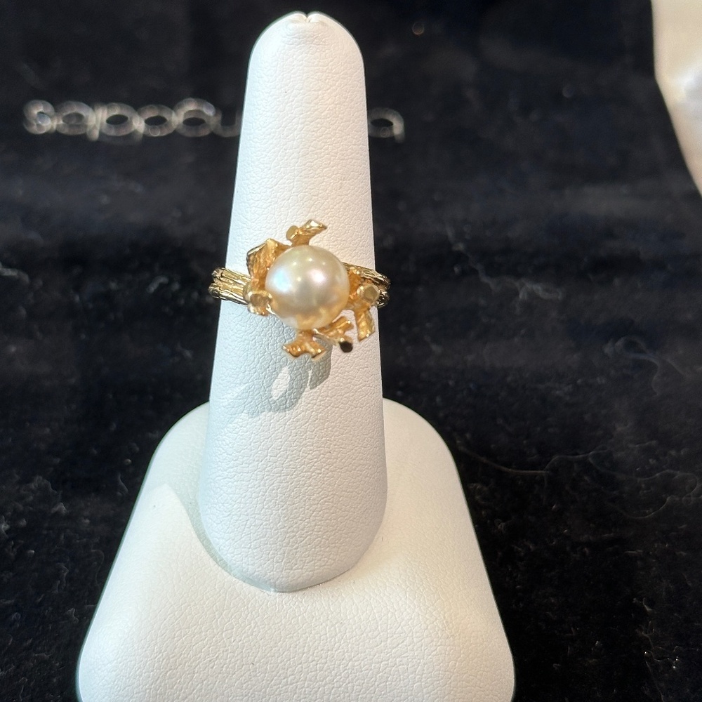 Custom made 14K Yellow Gold and Akoya Pearl Ring SZ:  8